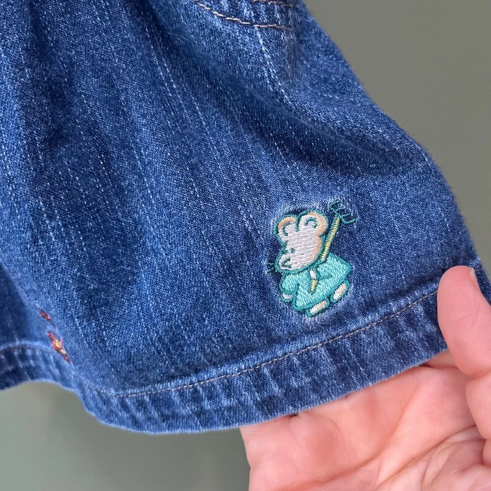 OshKosh Bgosh Vintage Denim Jumper Dress 18M Blue Embroidered Mice Gardening